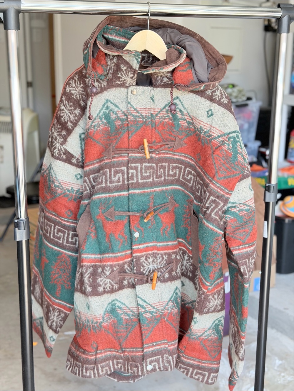 Southwest-Pattern Hooded Utility Jacket in Brown, Green & Red